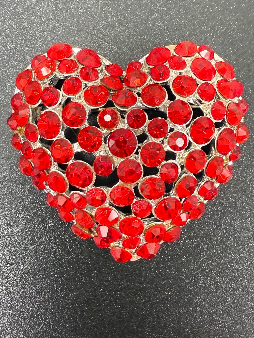 Red Rhinestone Heart Brooch Silver Tone Statement Pin